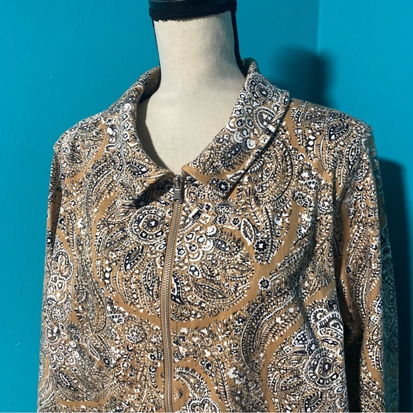 Isaac Mizrahi Live! Always Isaac 2X Brown Black Print Knit Denim Zip Jacket - Picture 3 of 5